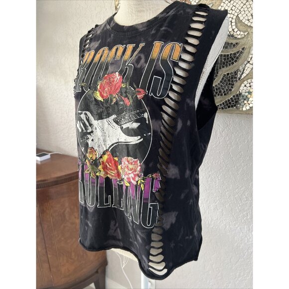 Forever 21 Rock Is Rolling Black Tie-Dye Cutout Tank Top Rose Guitar Graphic S - Picture 2 of 6